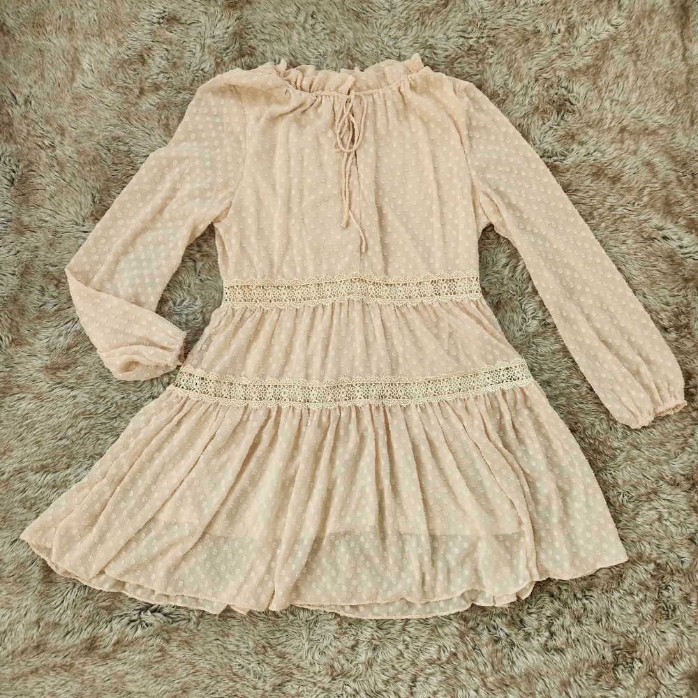LUMIE Long Sleeve Swiss Dot Knee-length‎ Dress Natural Cream Women's Size XL